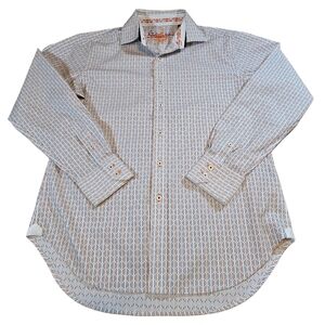 Robert Graham Button Down Shirt Men Medium White Orange Navy Striped Long Sleeve